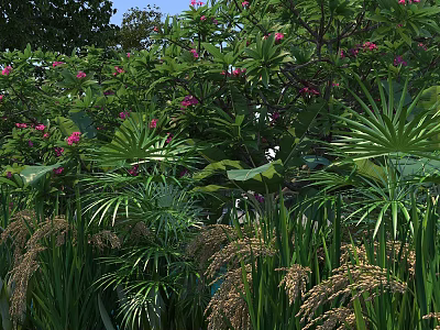 Lush Natural Landscape with Dense Green Plants Vibrant Pink Flowers Palm Leaves and Grasses 3d model