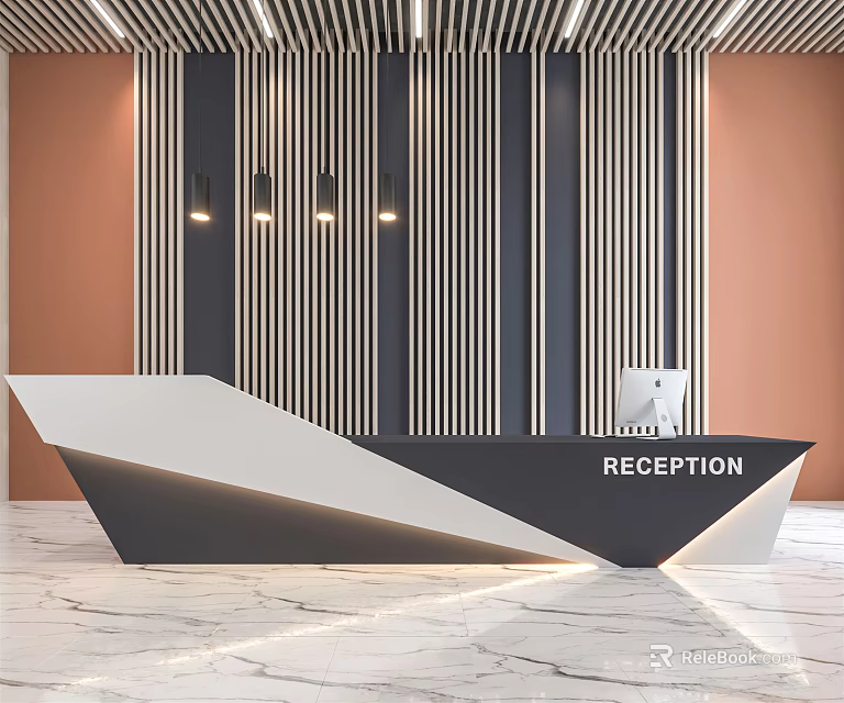 Modern Reception Desk With White And Black Countertop Vertical Striped Wall And Pendant Lights 3d model 
