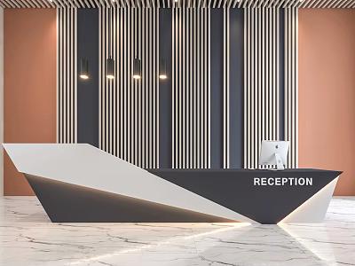 Modern Reception Desk With White And Black Countertop Vertical Striped Wall And Pendant Lights 3d model