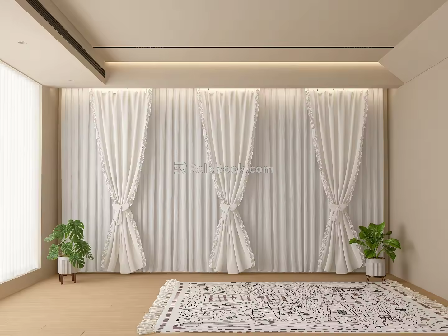 Curtain Window Screen Combination Curtain Window Screen Carpet Green Plant 3d model