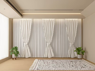 White Ruffled Curtains In Modern Interior With Potted Plants And Area Rug 3d model