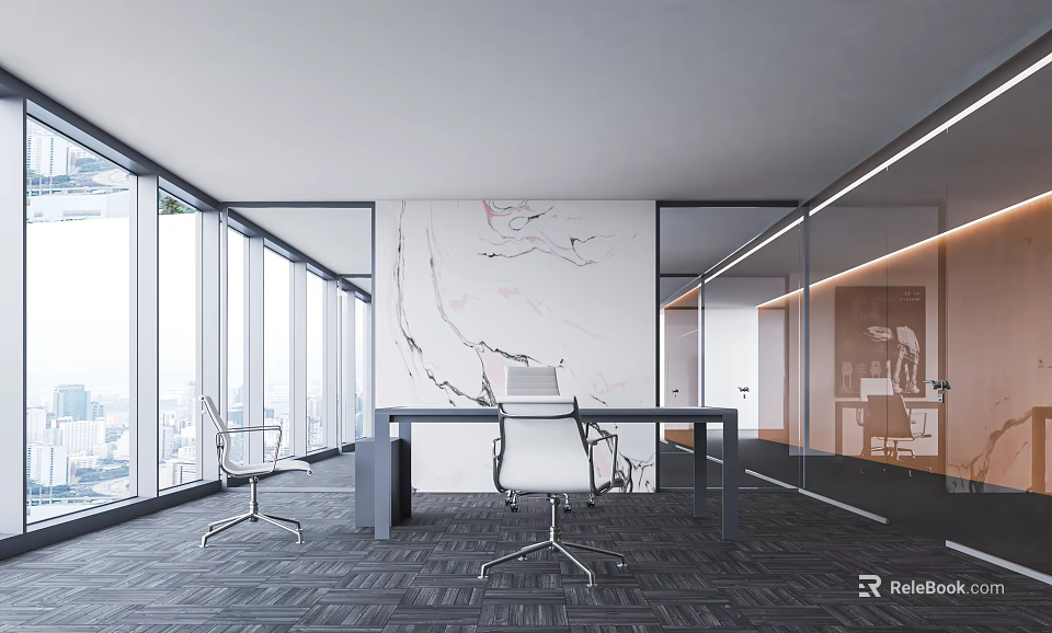 Modern Office Interior With Floor To Ceiling Windows Marble Wall Desk And Chairs 3d model 