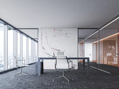 Modern Office Interior With Floor To Ceiling Windows Marble Wall Desk And Chairs 3d model