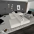 Modern Beige Sofa and Coffee Table Set in Living Room with Rug and Wall Art