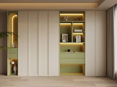 Modern Storage Cabinet with Light Green Beige Design Layered Shelves LED Lighting and Decorative Items 3d model