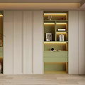 Modern Storage Cabinet with Light Green Beige Design Layered Shelves LED Lighting and Decorative Items