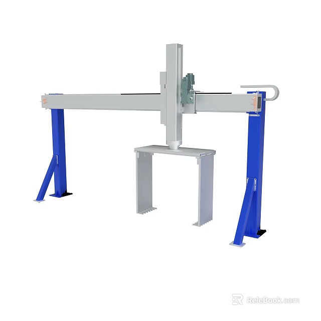 Mechanical Gantry Equipment With Blue Support Pillars And White Beam Frame 3d model