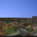 Aerial View Planning of Modern Commercial Complex with Glass Facades Landscaped Gardens and Parking Area