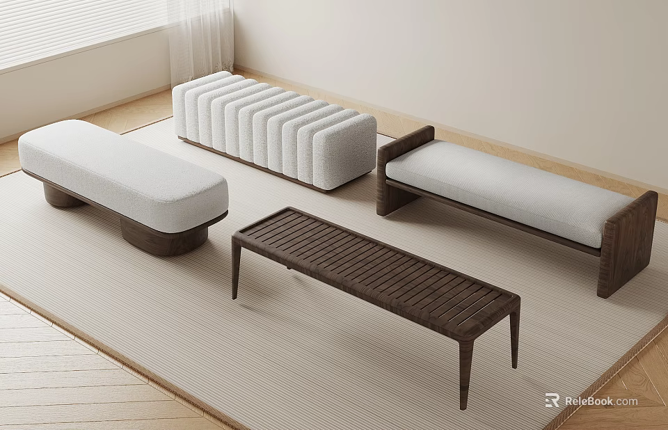 Modern Minimalist Living Interior With Upholstered Benches Woven Seat And Wooden Frame 3d model 