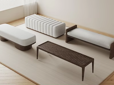 Modern Minimalist Living Interior With Upholstered Benches Woven Seat And Wooden Frame 3d model