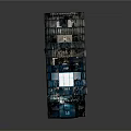 Cartoon Scene of Blue Toned Cargo Van Interior with Workbenches Tools Ladder and Fire Extinguisher