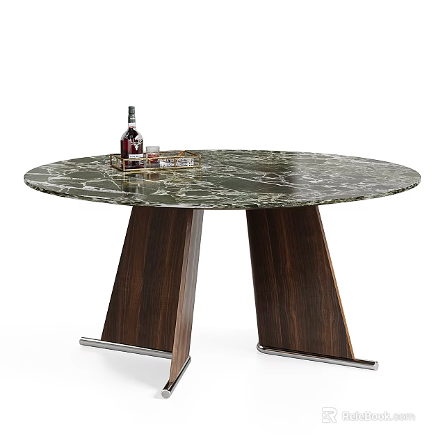 Elegant Green Marble Round Dining Table With Wooden Triangular Legs and Wine Decor 3d model