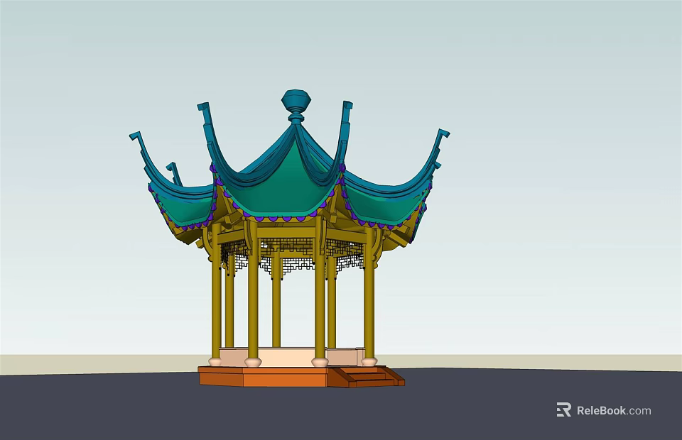 Traditional Chinese Pavilion With Green Curved Roof Yellow Pillars And Red Base 3d model 
