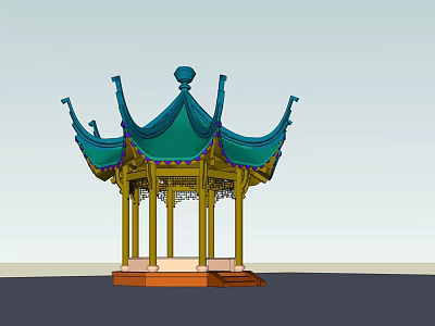Traditional Chinese Pavilion With Green Curved Roof Yellow Pillars And Red Base 3d model