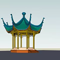 Traditional Chinese Pavilion With Green Curved Roof Yellow Pillars And Red Base