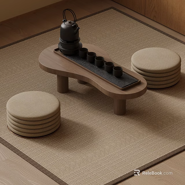 Minimalist Wooden Tea Table Set With Round Stools And Tea Set 3d model