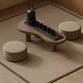 Minimalist Wooden Tea Table Set With Round Stools And Tea Set 3d model