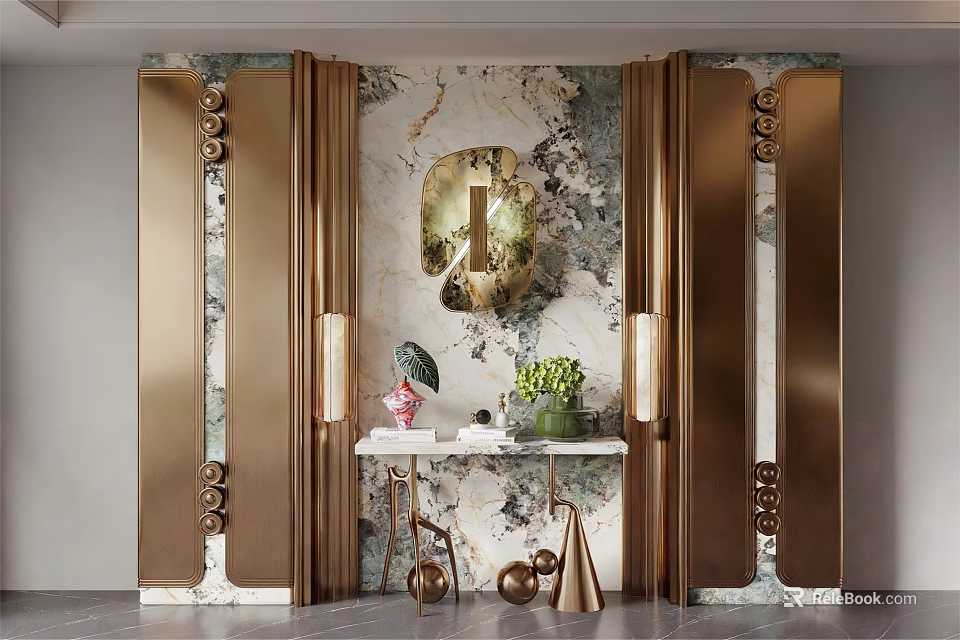 Elegant Entryway Interior Design With Marble Wall Golden Accents And Decorative Mirror 3d model 