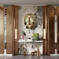 Elegant Entryway Interior Design With Marble Wall Golden Accents And Decorative Mirror
