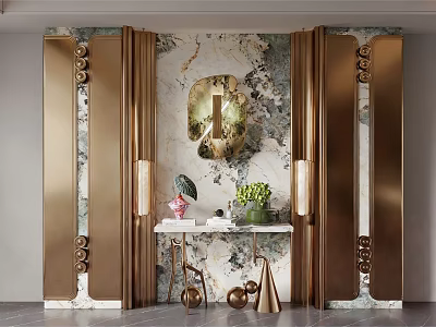Elegant Entryway Interior Design With Marble Wall Golden Accents And Decorative Mirror 3d model