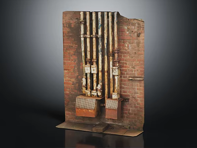 Hardware Tools Mounted On Brick Wall With Metal Pipes Components And Boxes 3d model