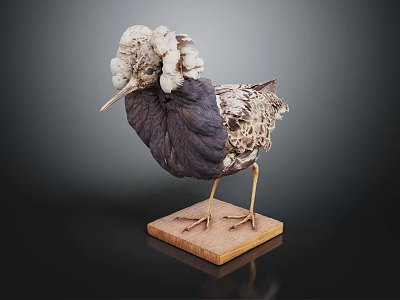 Bird With White Fluffy Head Dark Body Patterned Wings On Wooden Base Against Dark Background 3d model