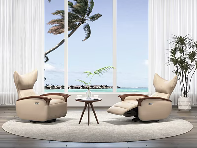 Beige Reclining Leather Armchair With Comfortable Design By Sea View Window And Palm Tree 3d model