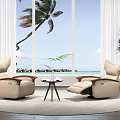 Beige Reclining Leather Armchair With Comfortable Design By Sea View Window And Palm Tree