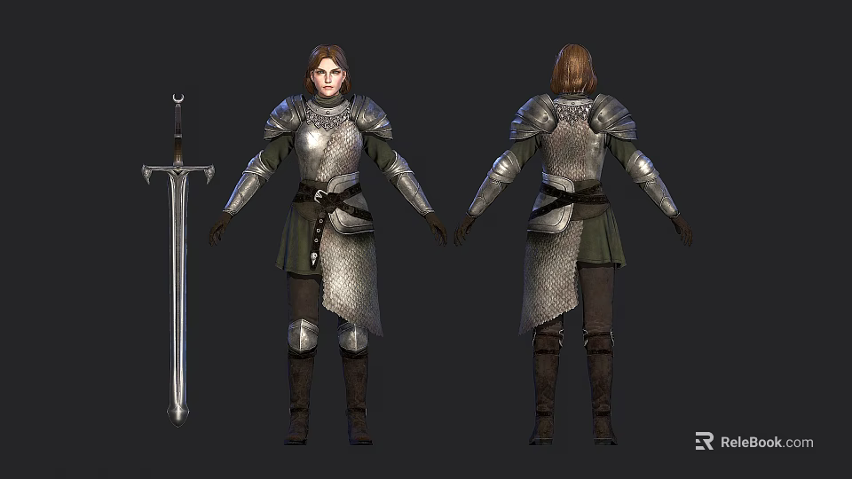 Medieval Female Warrior In Silver Armor With Sword Front And Back View 3d model 