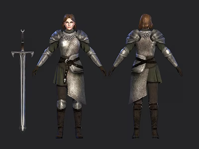 Medieval Female Warrior In Silver Armor With Sword Front And Back View 3d model