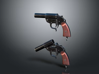 Two Vintage Revolver Pistols With Black Barrel And Brown Grip 3d model