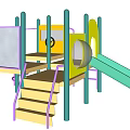 Colorful Playground Equipment with Purple Spiral Slide Yellow OXO Panels and Green Poles
