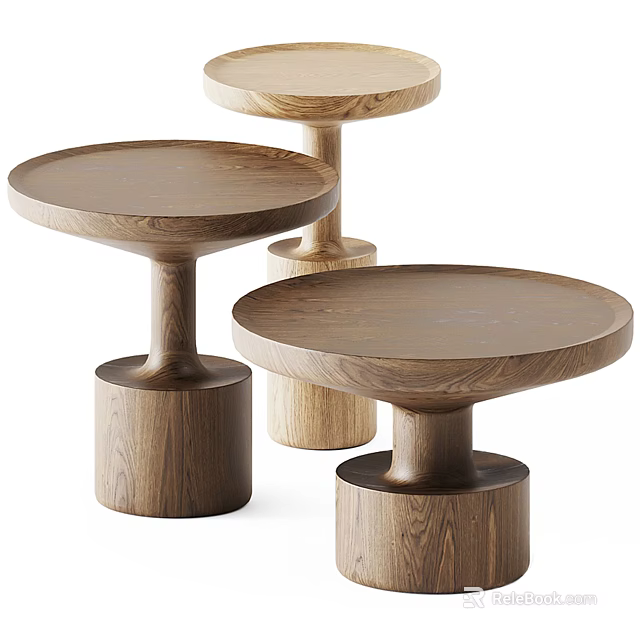 Three Modern Wooden Round Top Side Tables With Minimalist Cylindrical Base Design 3d model