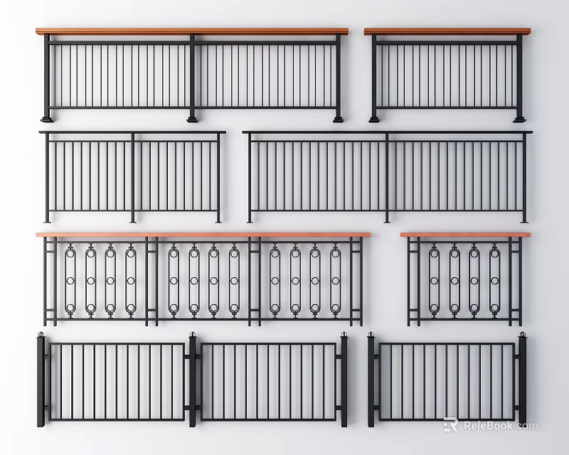 Modern Metal Fence Railings with Wooden Top and Ornate Vertical Bar Designs 3d model 