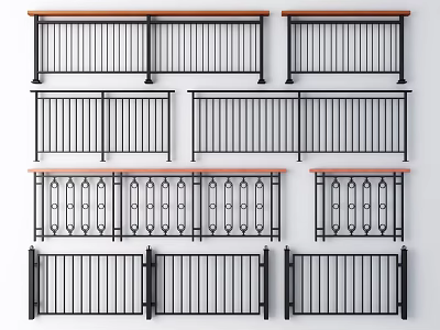 Modern Metal Fence Railings with Wooden Top and Ornate Vertical Bar Designs 3d model