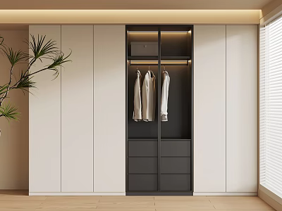 Modern Wardrobe Interior Design With White And Dark Panels Hanging Space And Drawers 3d model