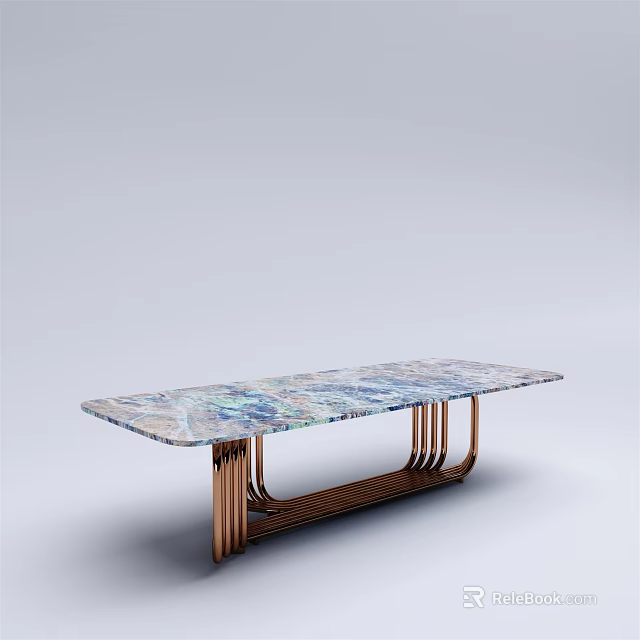 Modern Coffee Table With Colorful Patterned Marble Top And Sleek Copper Metal Legs Design 3d model 