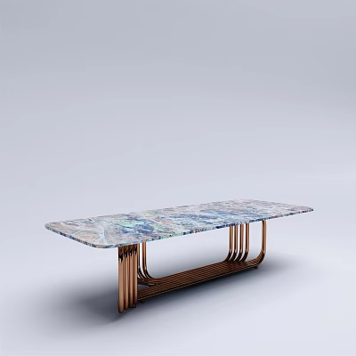 Modern Coffee Table With Colorful Patterned Marble Top And Sleek Copper Metal Legs Design 3d model