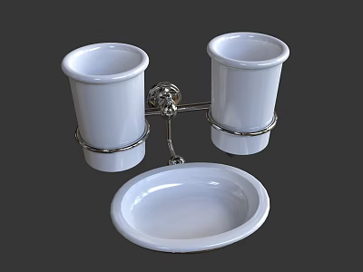Bathroom Sink Accessories With White Ceramic Cups Soap Dish And Metal Holder 3d model