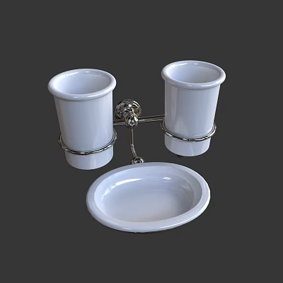 Bathroom Sink Accessories With White Ceramic Cups Soap Dish And Metal Holder 3d model