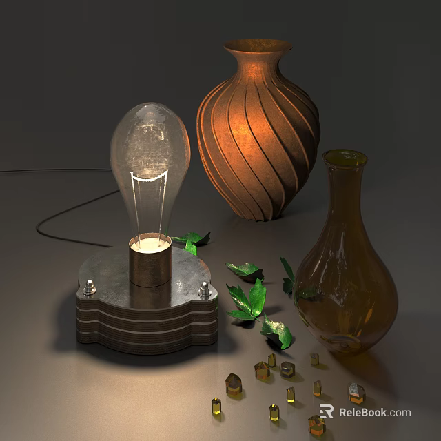 Brown Twisted Design And Amber Vases With Green Leaves And Decor 3d model 