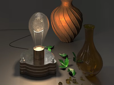 Brown Twisted Design And Amber Vases With Green Leaves And Decor 3d model