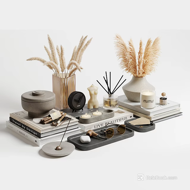 Stylish Decorative Ornament Set With Pampas Grass Vases Aroma Diffusers Candles Trays And Books 3d model 