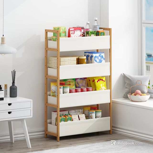 Wooden Storage Shelf With White Shelves Holding Grocery Items In Living Room Corner 3d model 