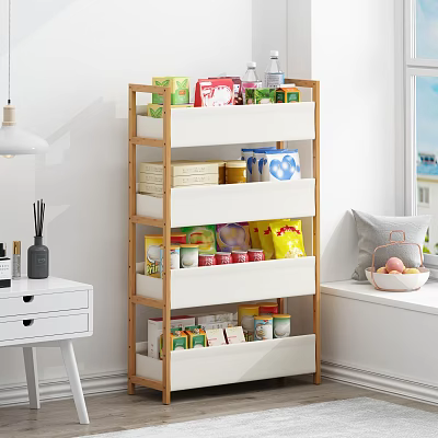 Wooden Storage Shelf With White Shelves Holding Grocery Items In Living Room Corner 3d model