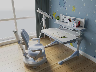 Children's Study Desk With Ergonomic Chair Starry Wallpaper And Telescope Stationery Holder And Potted Plant 3d model