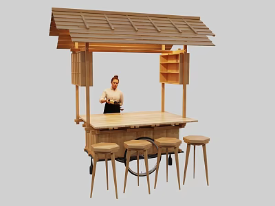 Traditional Japanese Style Wooden Stall With Sloped Roof Counter And Stools 3d model