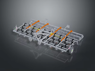 Agricultural Farming Machinery With Metal Frame Multiple Wheels And Orange Components 3d model