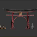Traditional Japanese Red Torii Gate Decorative Scene With Wooden Bench And Pagoda Model