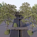 Serene Feature Wall In Garden With Trees Stone Path Stream And Grass Area